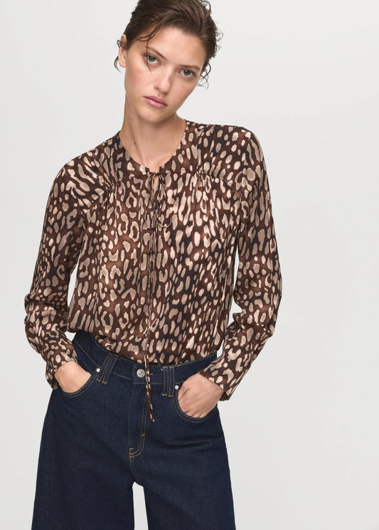 Satin Leopard Print Blouse With Bow