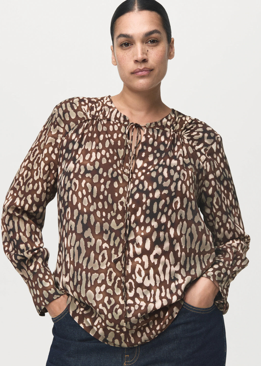 Satin Leopard Print Blouse With Bow