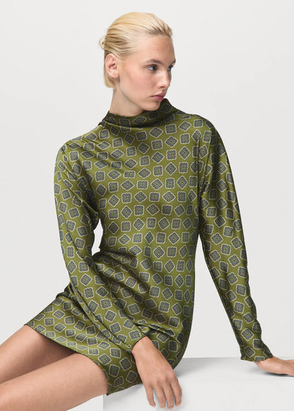 Satin Printed Dress With Perkins Collar