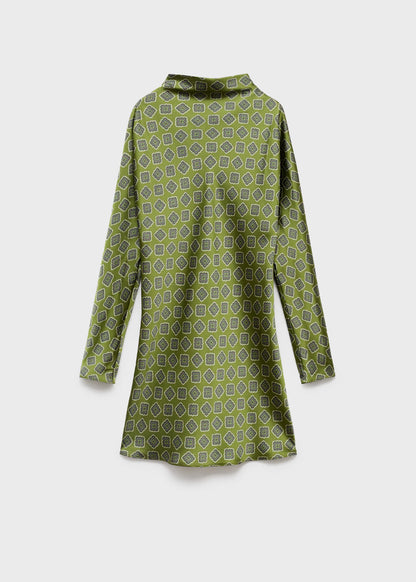 Satin Printed Dress With Perkins Collar