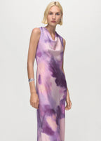Satin Tie Dye Dress With Draped Neckline