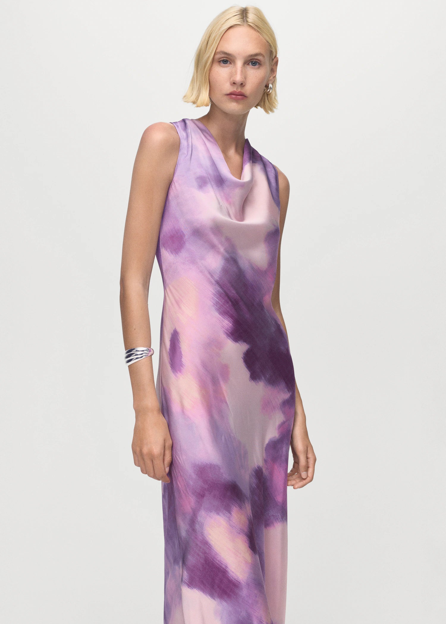 Satin Tie Dye Dress With Draped Neckline
