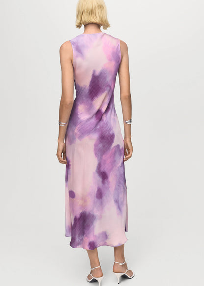 Satin Tie Dye Dress With Draped Neckline