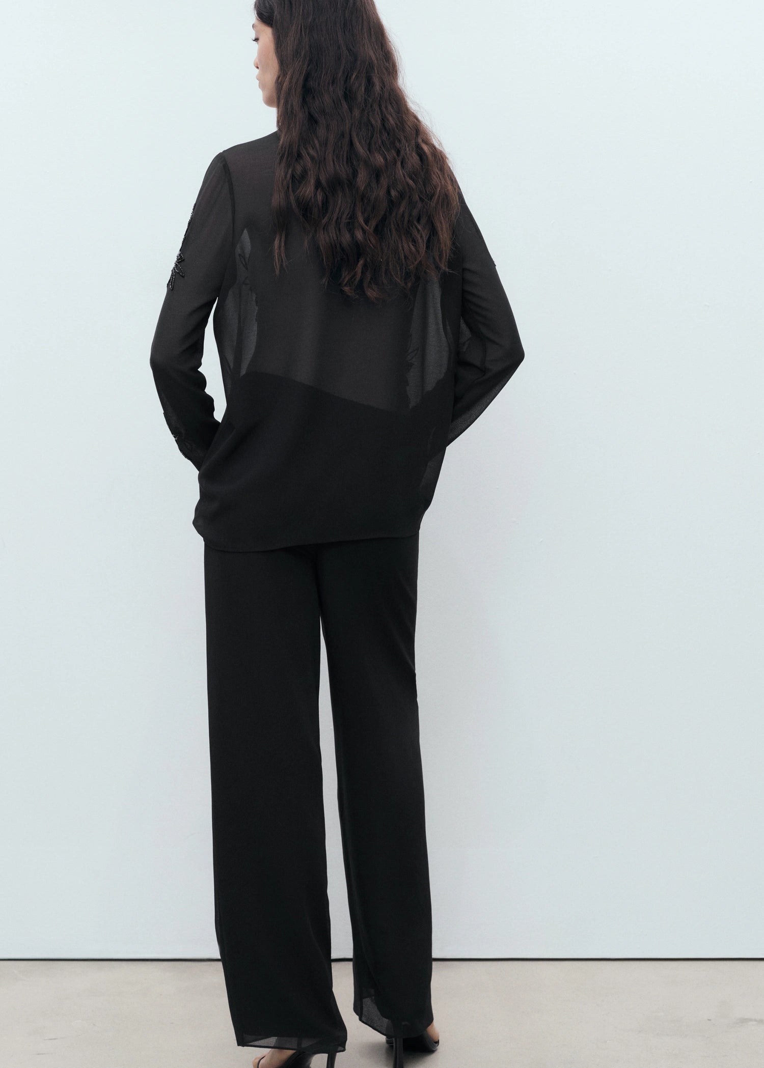 Semi Transparent Shirt With Rhinestone Embroidery