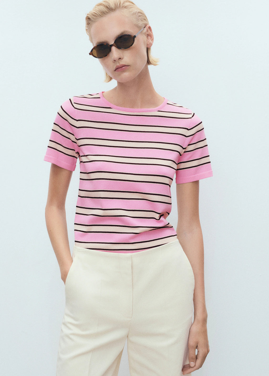 Short Sleeved Sweater With Combined Stripes