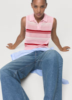 Striped Knitted Polo Neck Top