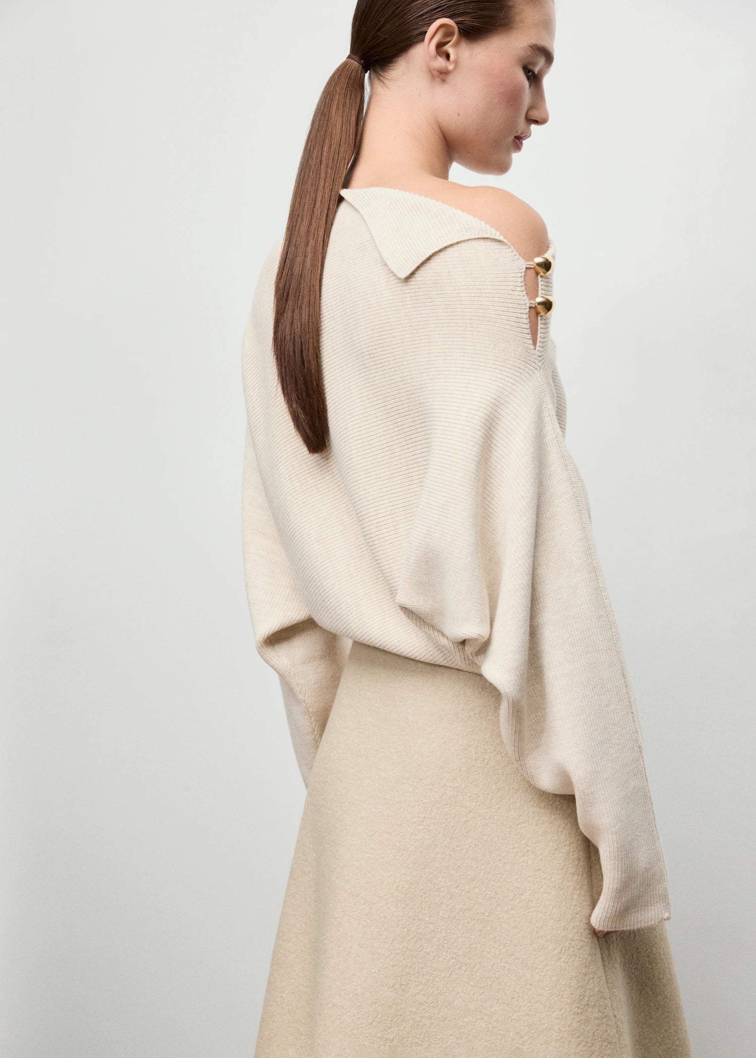 Sweater With Asymmetrical Neck And Jewel Buttons