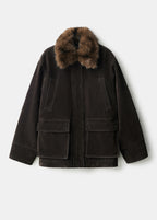 Velvet Finish Parka With Fur Effect Collar
