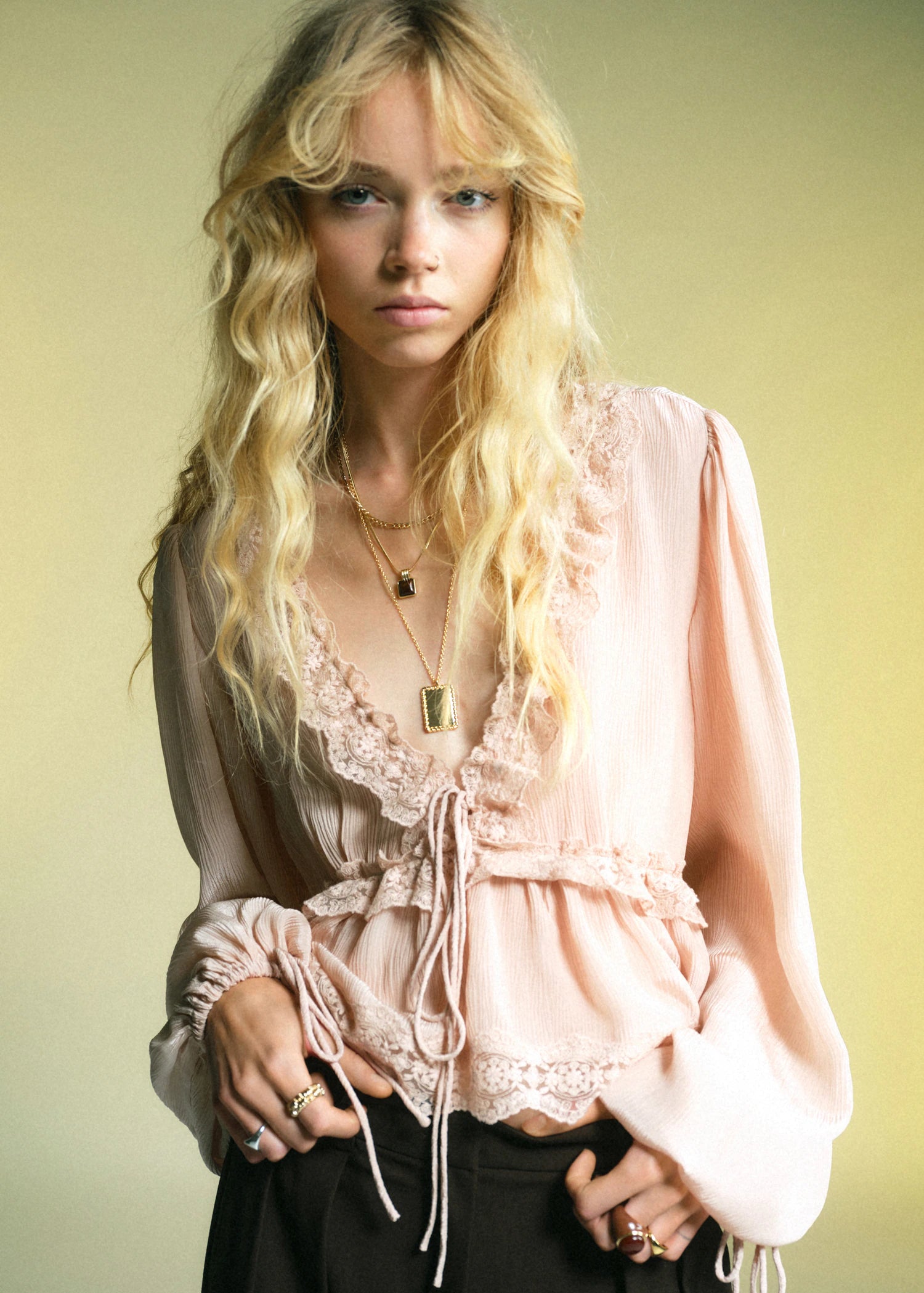 V Neck Blouse With Lace Trim