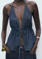 V Neck Denim Top With Bow