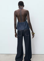 V Neck Denim Top With Bow