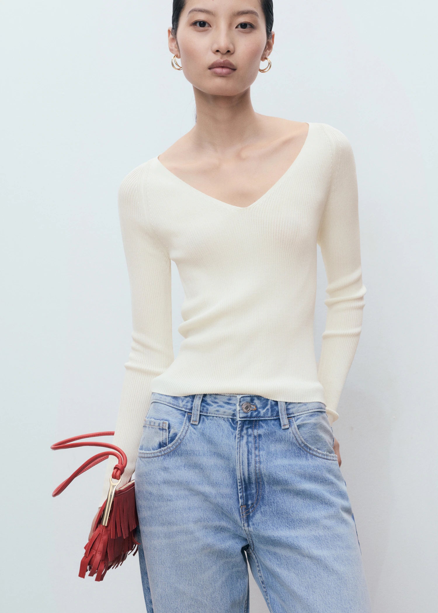 V Neck Ribbed Knit Sweater