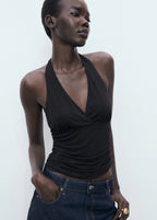 V Neck Top With Open Back