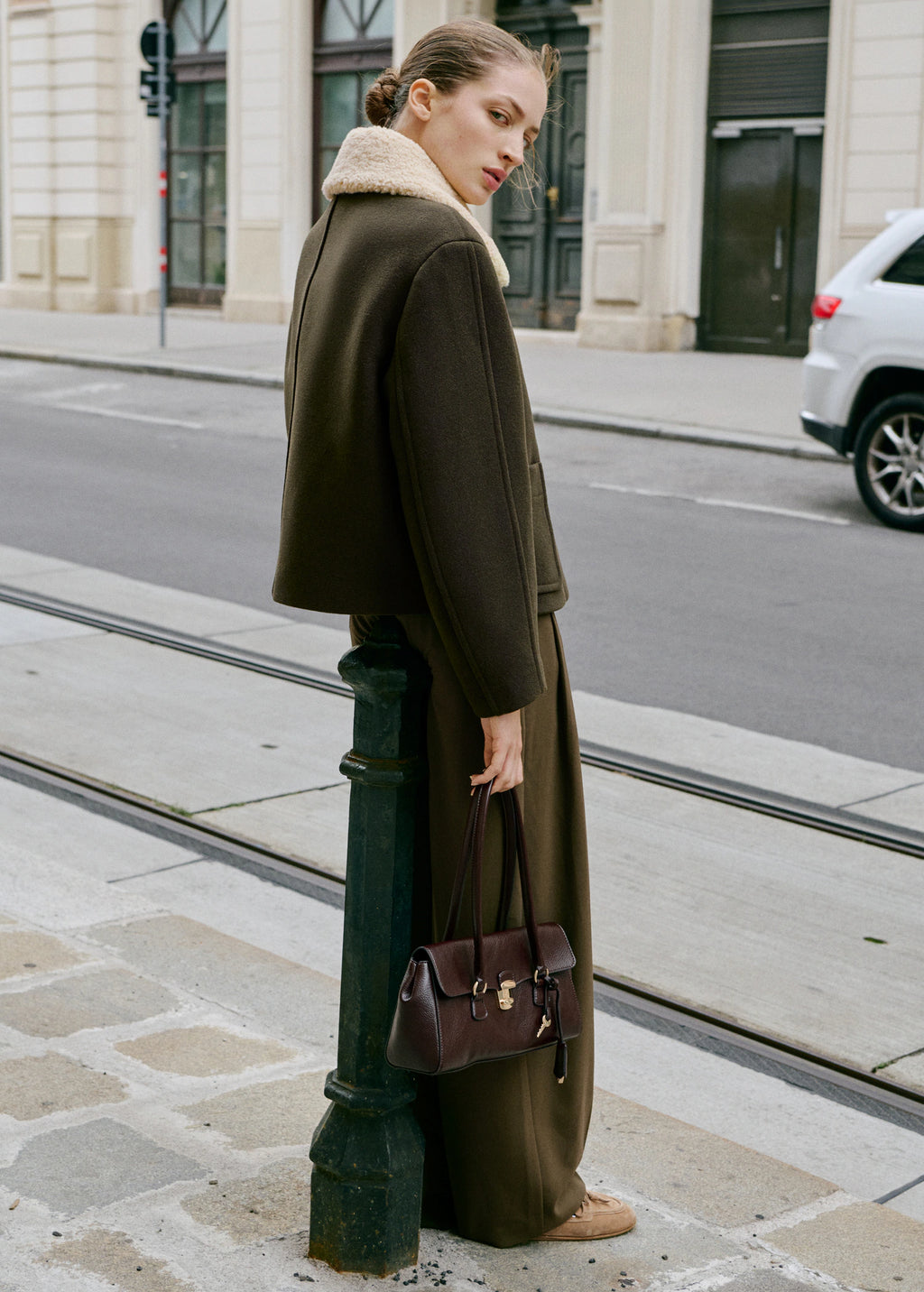 Wool Blend Jacket With Removable Shearling Collar