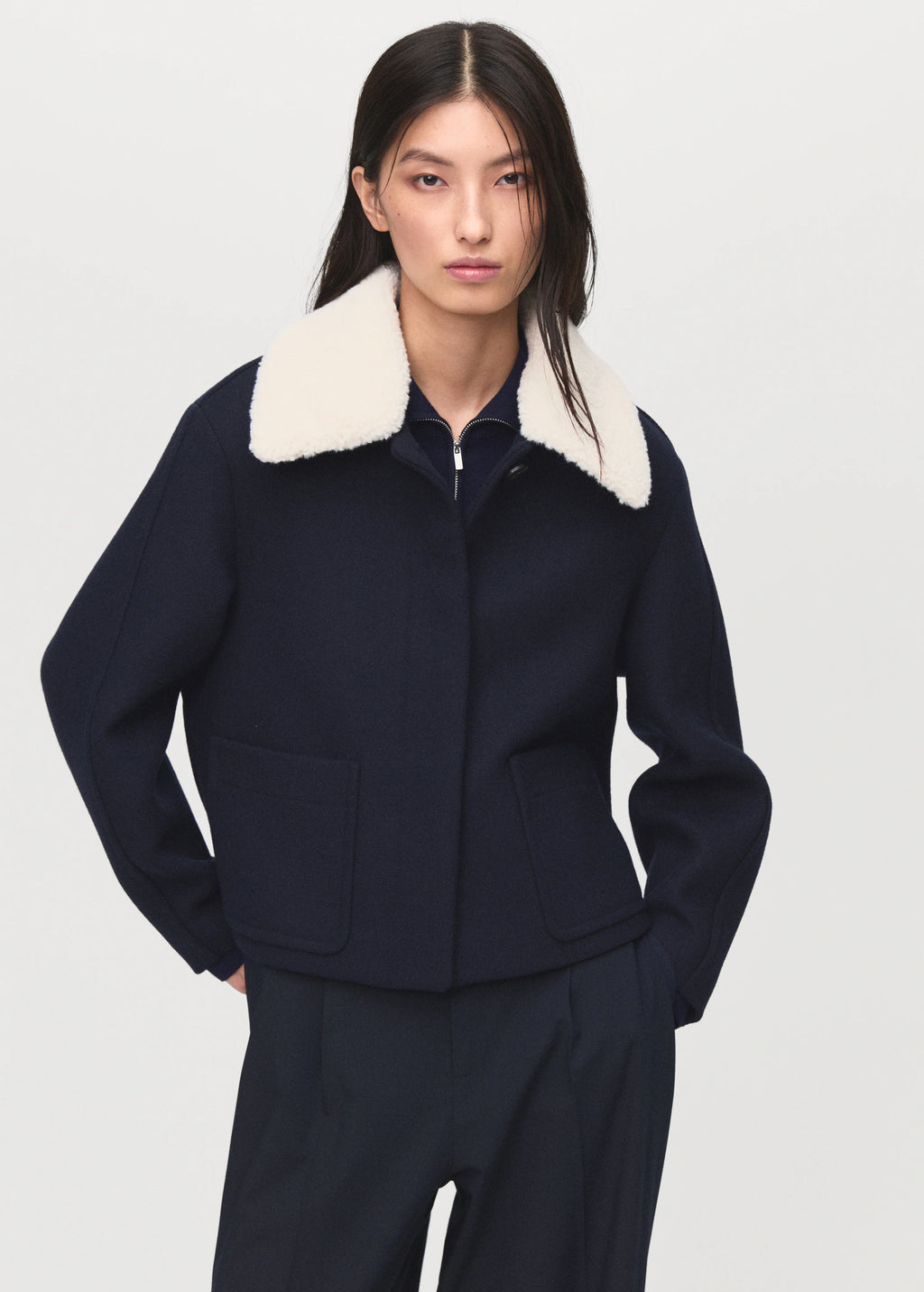 Wool Blend Jacket With Shearling Collar